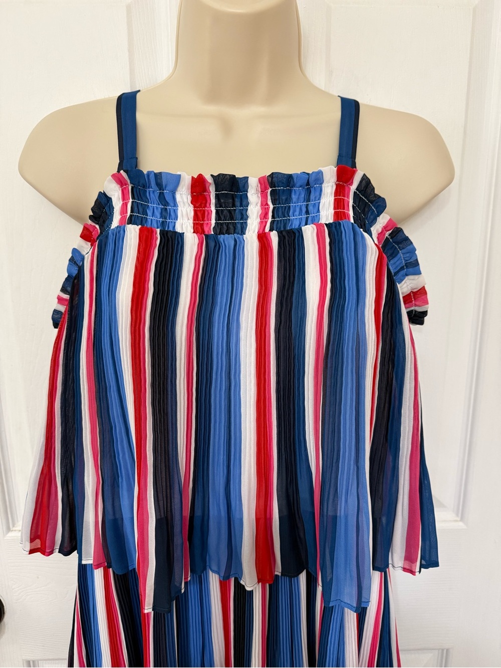 Lane Bryant Pleated Stripe Maxi Dress 14/16 Cold Shoulder Blue Red White - Picture 5 of 12